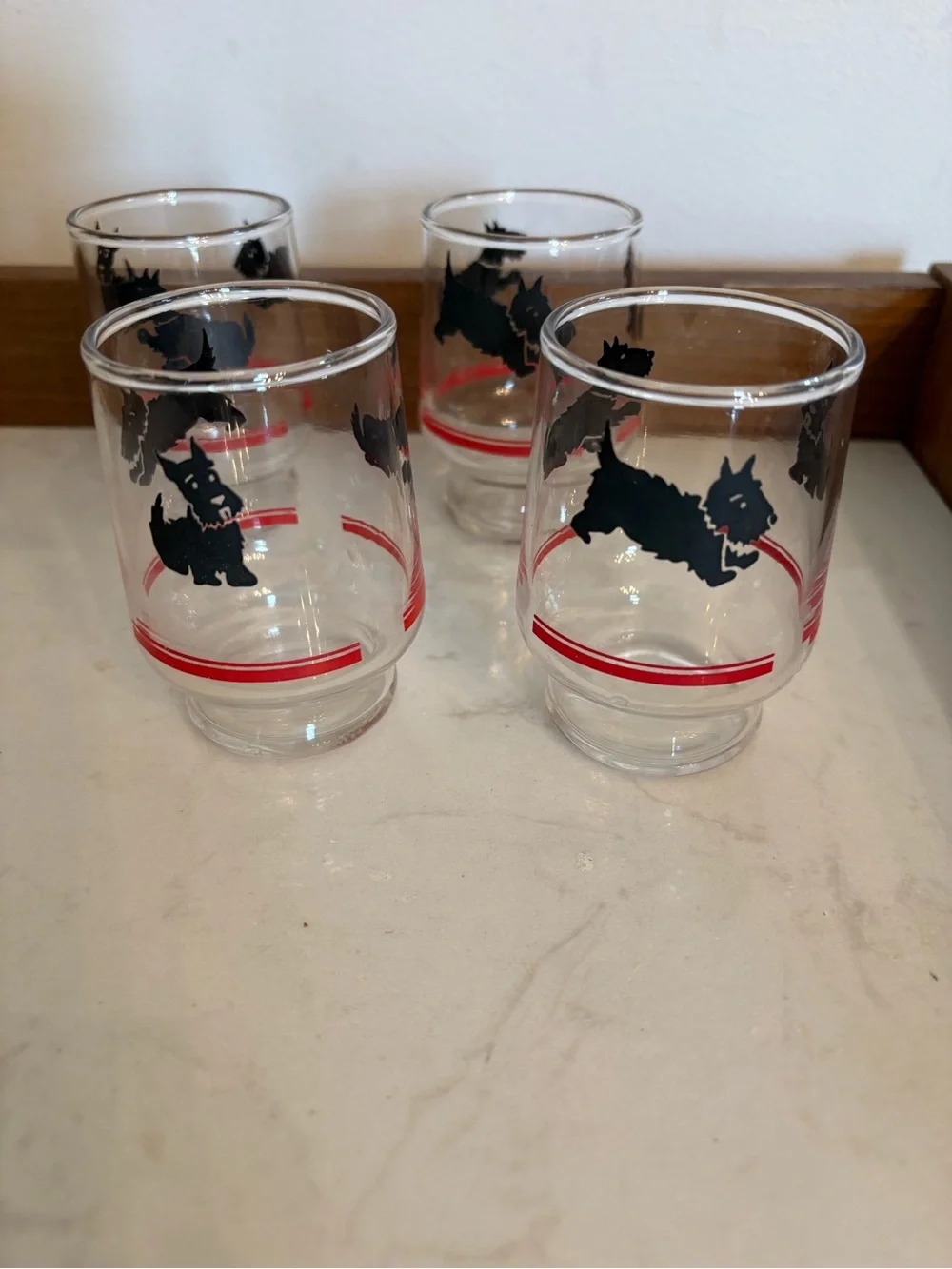 Set of 4 Vintage Black Scottie Dog Juice Glasses with Red Accent